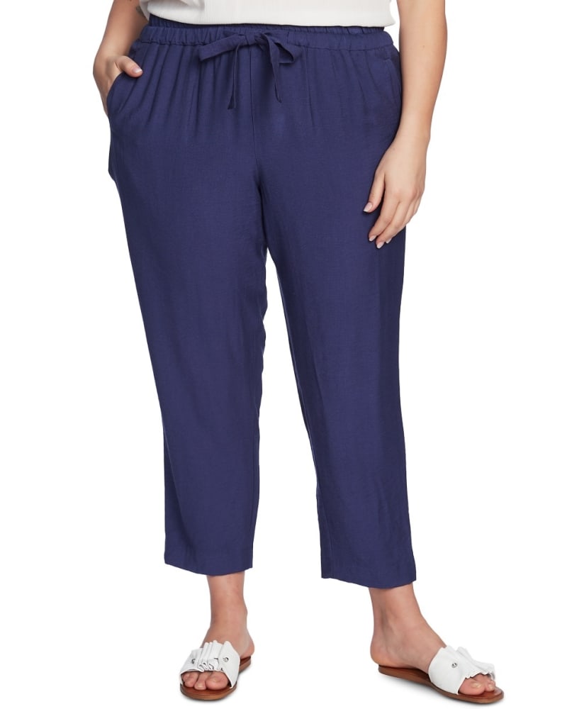 Front of a model wearing a size 3X 1.STATE Women's Trendy Flat-Front Drawstring Ankle Pants Blue 3X in Blue by 1.State. | dia_product_style_image_id:307563